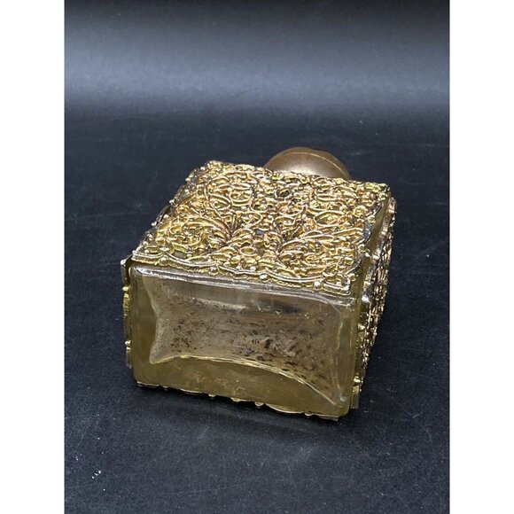 Glass Lalique Perfume Bottle Ornate Brass Metal Gold Toned Cover Holy Water - Picture 7 of 8